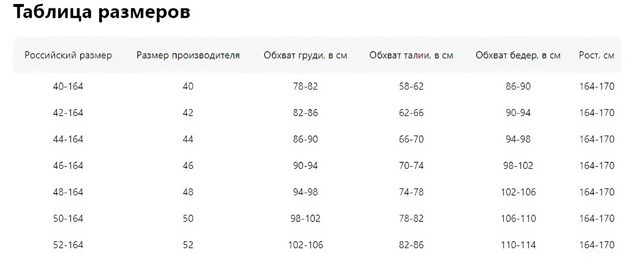 Таблица размеров